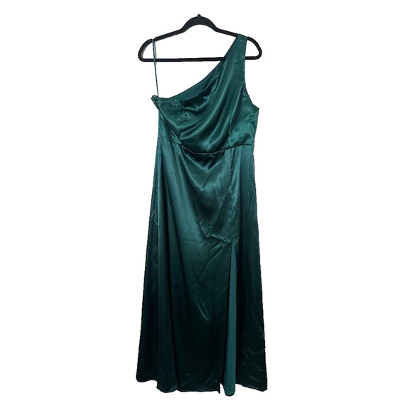 Birdy Grey Satin One Shoulder Maxi Kira Dress L Front Slit Emerald Green Formal - Picture 2 of 10